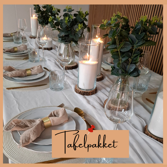 Tafelpakket wit/beige, romantisch tafeldecoratie, ludic tafeldeco wit/beige